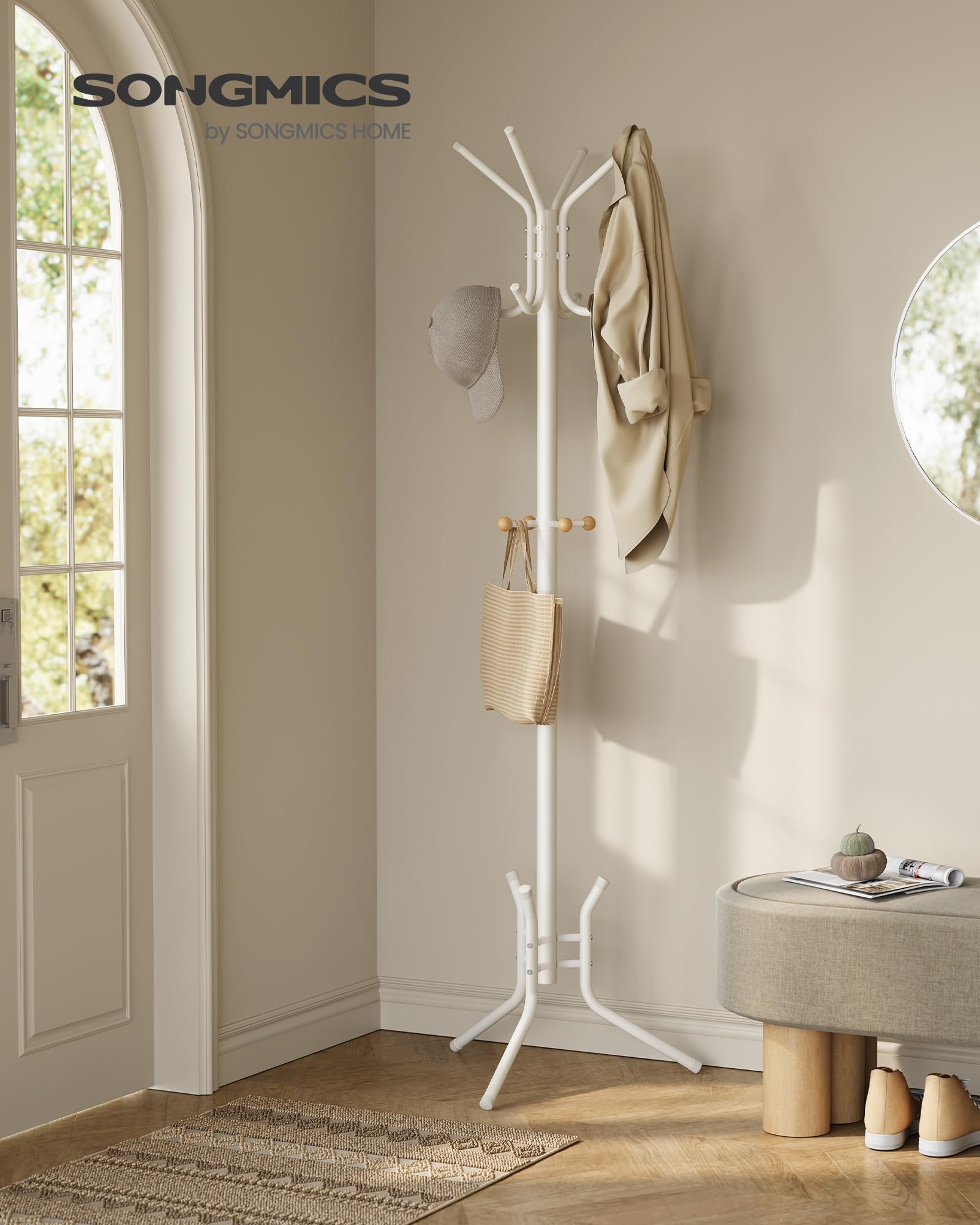 SONGMICS Appendiabiti da Terra, Attaccapanni Autoportante in Metallo, Altezza 178 cm, 12 Ganci, per Vestiti, Cappelli, Borse, Bianco Perla RCR017W01