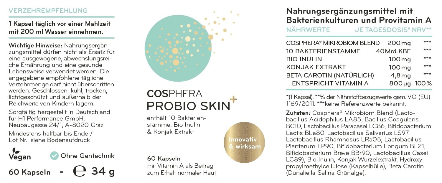 Probio Skin Kapseln Hochdosiertes Probiotikum Vegan I Probiotika & Präbiotika - Angereichert mit Bio Inulin, Vitamin A und Konjak Wurzelextrakt - 60 Kapseln