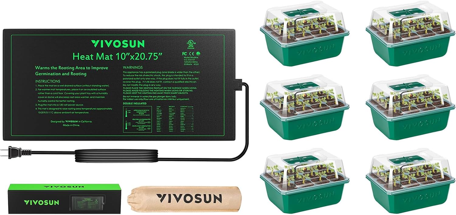 VIVOSUN Durable Waterproof Seedling Heat Mat Warm Hydroponic Heating Pad 10" x 20.75", with 6-Pack Seed Starter Trays for Germination, Indoor Gardening, Greenhouse