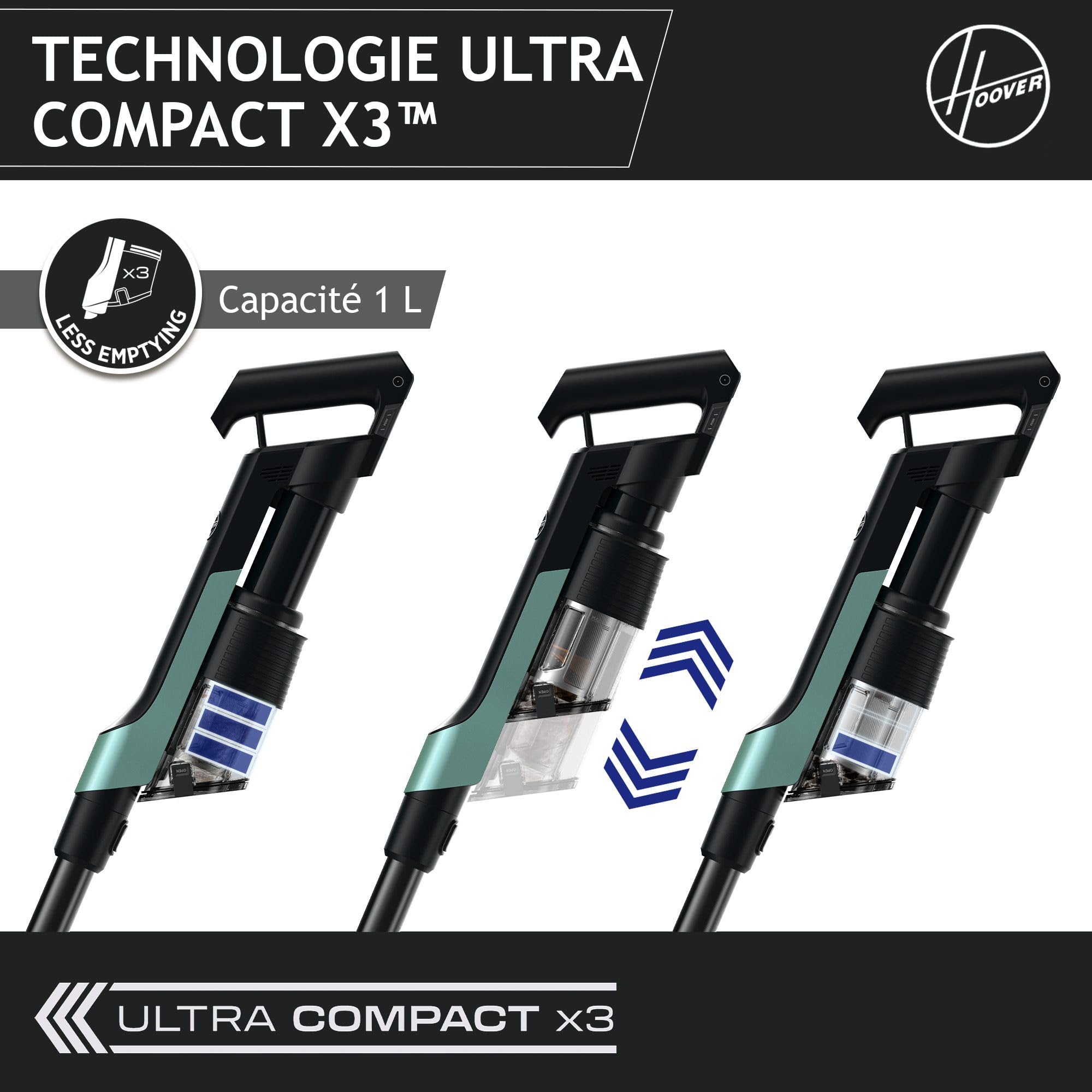 Hoover Ultra-léger HF201P Aspirateur Balai sans Fil, Turbobrosse Spécial Animaux, Technologie Ultra Compact x3, 1L, Puissant 50AW, 40 Min, Brosse Sols durs Anti-Twist, Eclairage LED, Noir & Ver