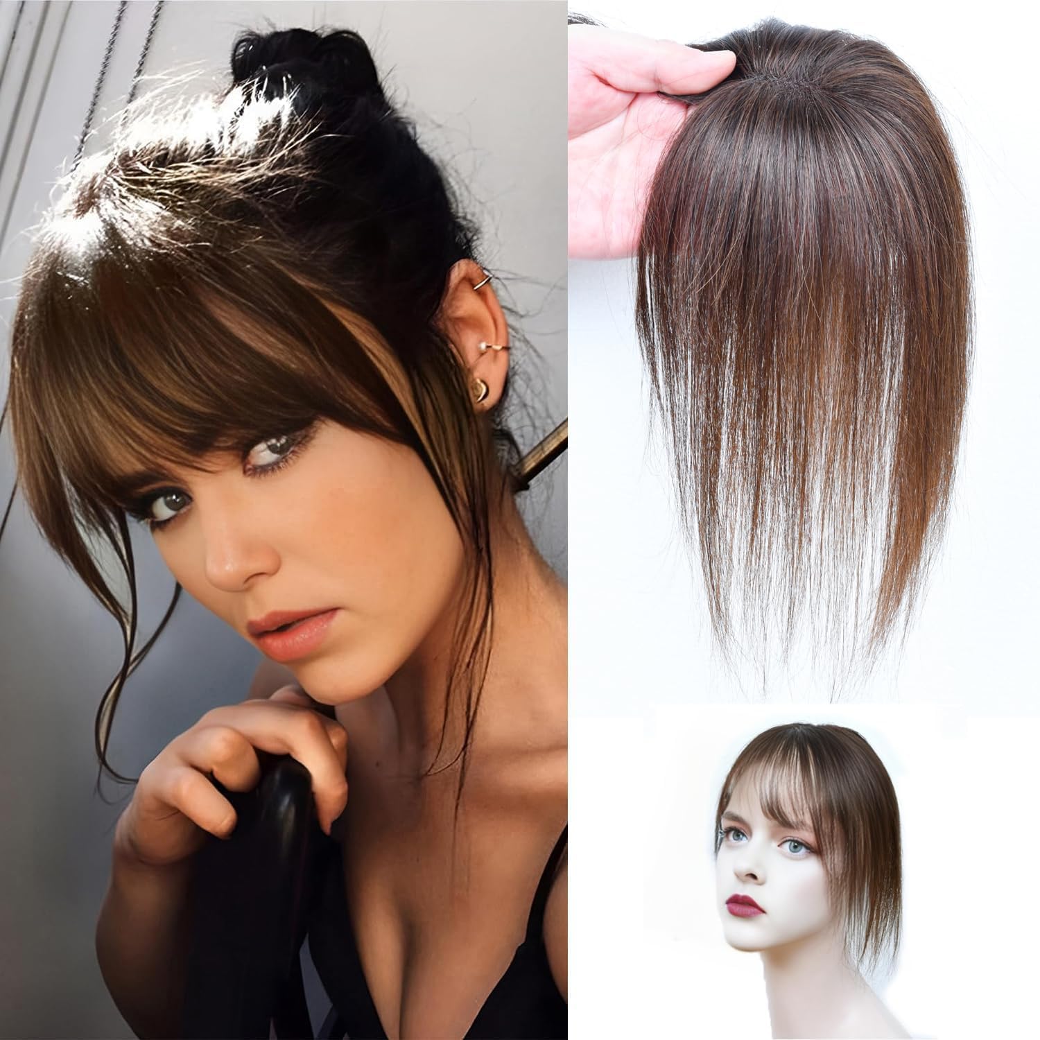 Bangs Hair Clip, Clip in Bangs Hair Toppers for Women 100% Real Human Hair, Clip on Bangs 360° 3D Cover Wispy Fake Clip in Hair Extensions for Women Daily (Mocha Brown, 3D 7 * 9 Wipsy Bangs)
