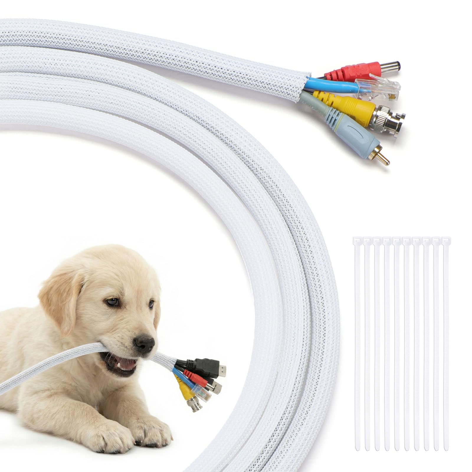 Yecaye Cable Tidy Sleeve 10ft (3m), 1/2 inch (13mm) Split Braided Cord Protector Wire Loom, Pet Chew Proof Cable Management for TV PC USB, with 10 Free Zip Ties (White) โ image 1