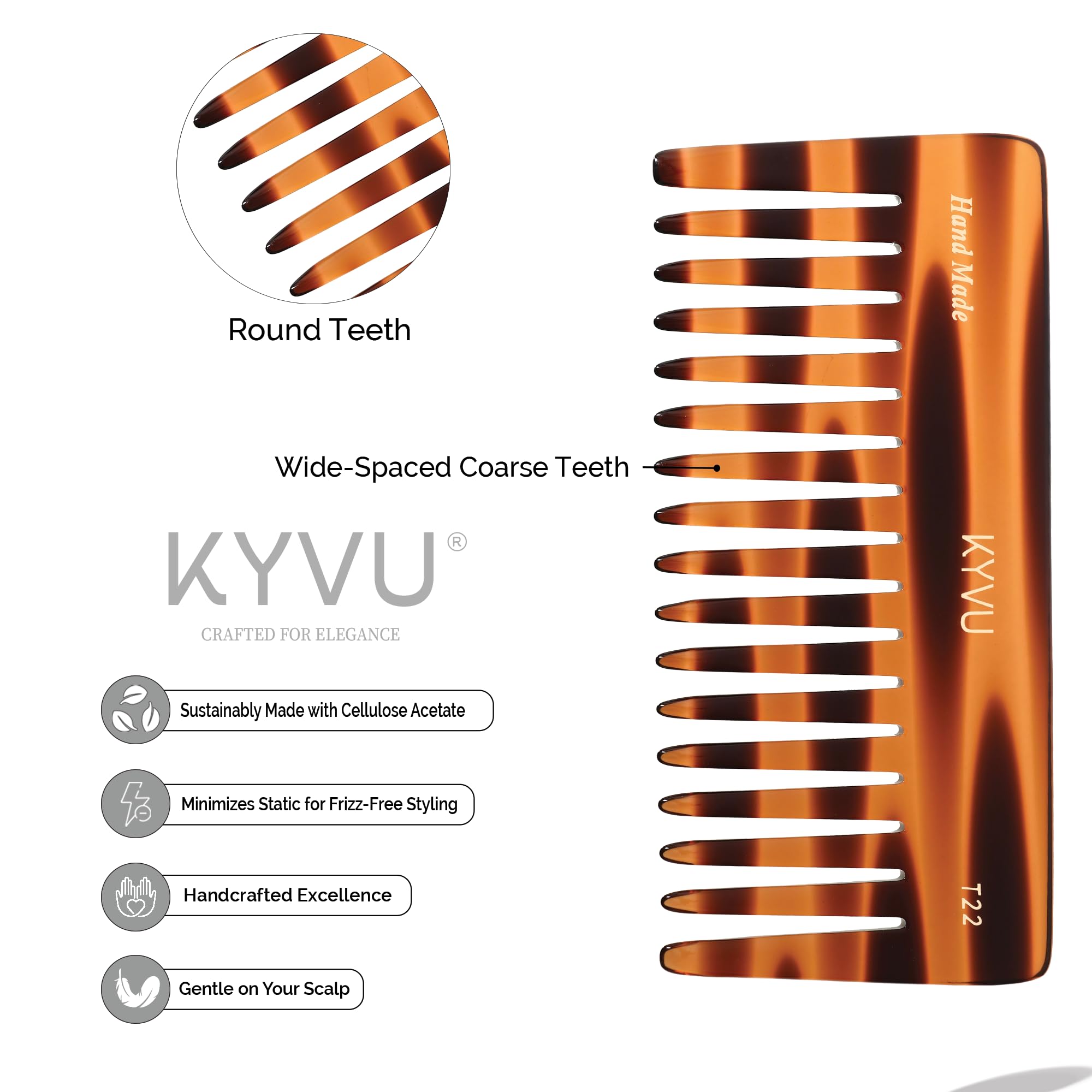 KYVU T22 Wide-Tooth Detangling Comb - Handmade Cellulose Acetate Hair Comb for Wet or Dry Hair - 15.6 cm - Tortoiseshell Finish - Image 2