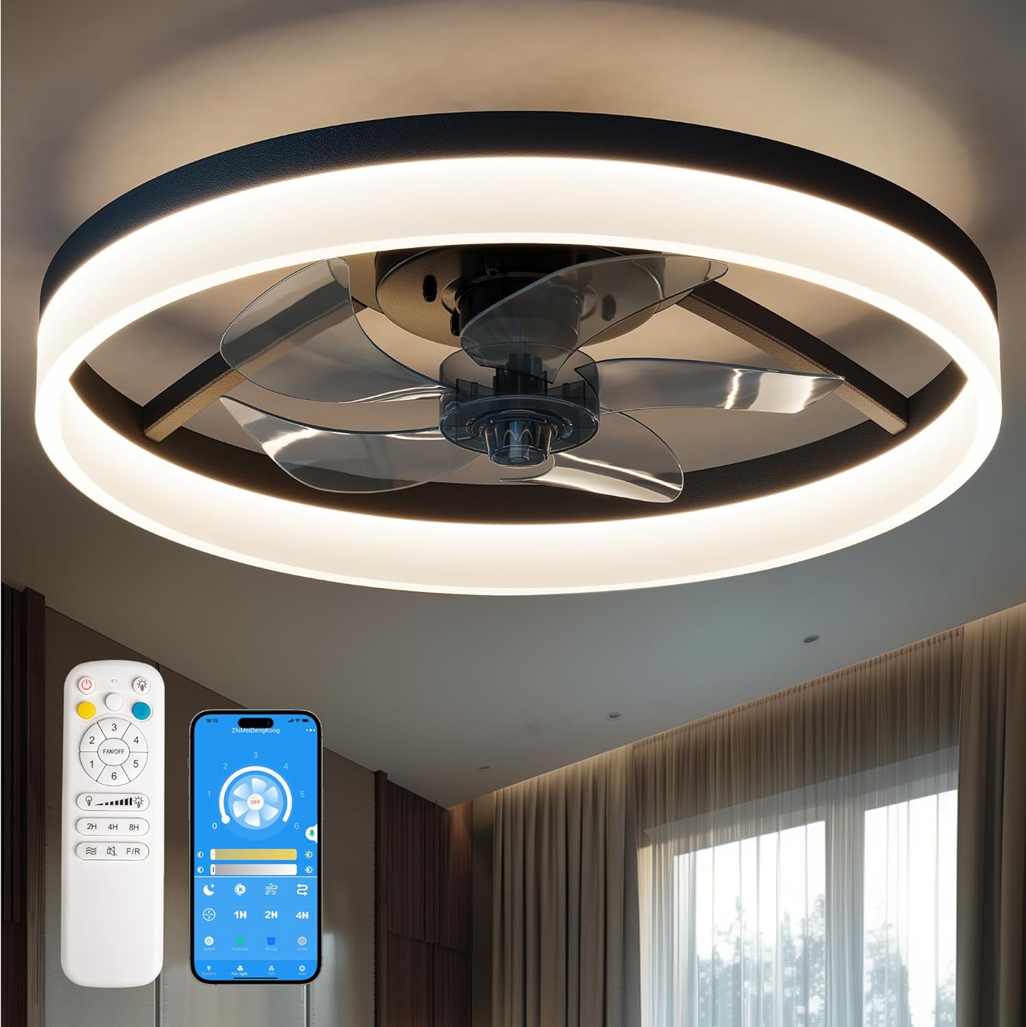 CubiCubi Modern Ceiling Fans, 20 Inch Black Ceiling Fan with Lights and Remote Control, APP, LED Fandelier with 3CCT and 6 Wind Speeds, Low Profile Ceiling Fans with Lights for Bedroom, Office Modern Black