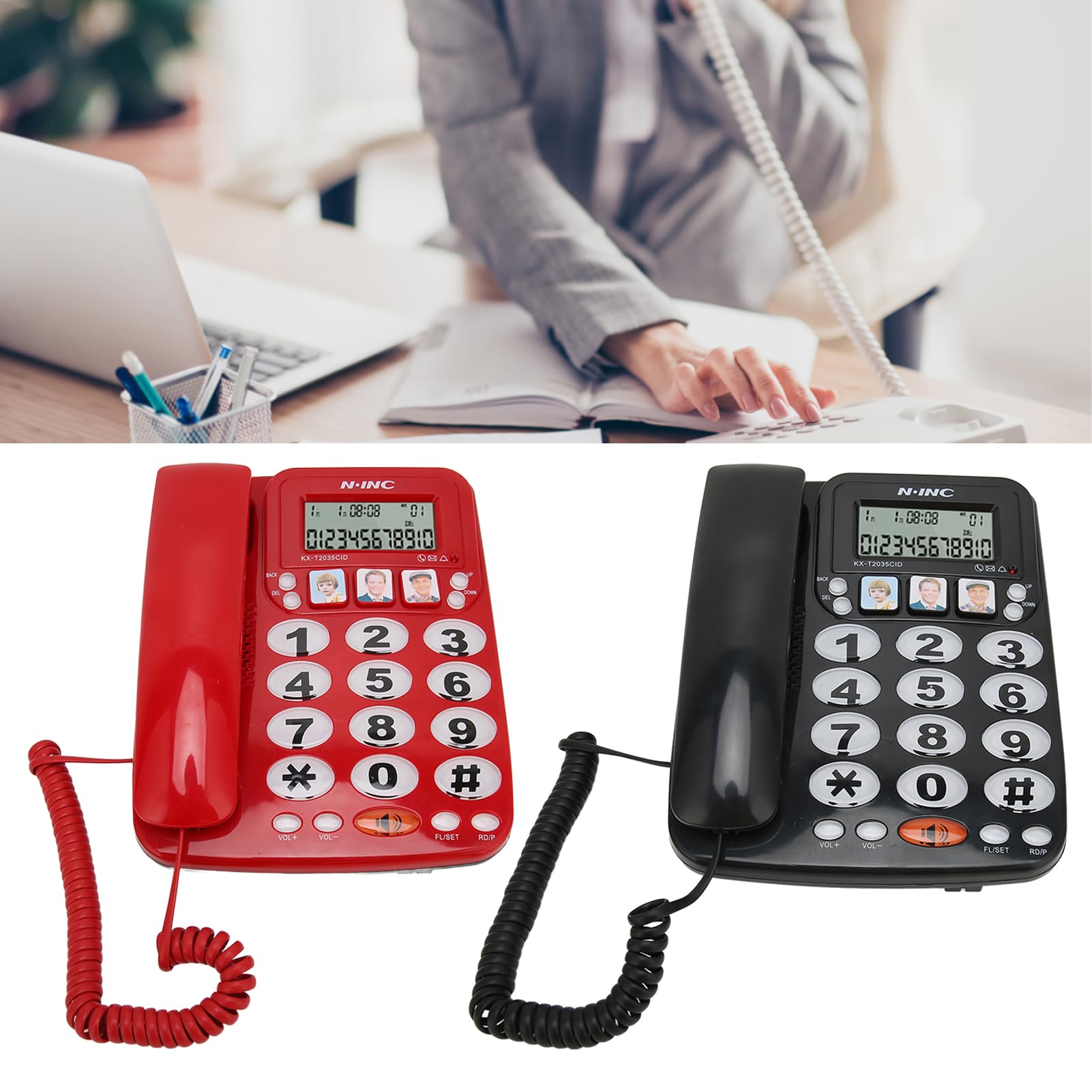 Pilipane Telefono con Filo con Suoneria Regolabile,Telefono con Tasti Grandi per Anziani, Telefono con Filo con ID Chiamante per Ufficio Domestico, Telefono Fisso Cablato Montabile a Parete(红色)