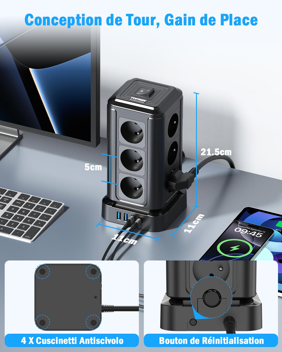 TOPREK Steckdosenleiste mit 12 französischen AC-Steckdosen und 1 USB C (20 W PD3.0) und 3 USB A und 1 Schalter und 2 m Verlängerungskabel, 4000 W/16 A