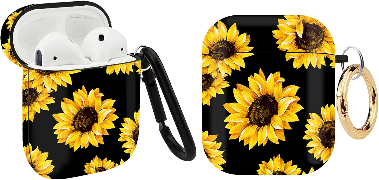 MOLOVA Case for Airpods 1&2 Case, Airpods Hard Protective Cover Shock Proof Compatiable with Wireless Charging Case Keychain for Kids Teens Boys Girls (Sunflower)