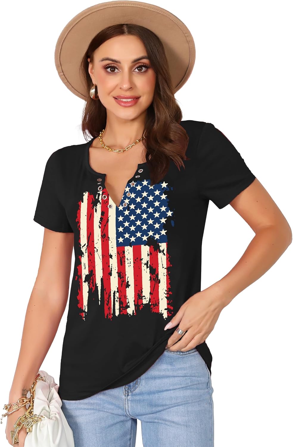 American Flag Shirt Tops Womens 4th of July T-Shirts Ring Hole Short Sleeve Sexy V-Neck Patriotic Tees - Image 4