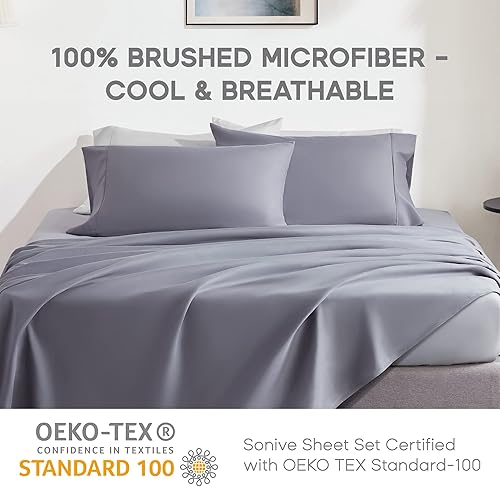 Miniatura 9 de Sonive Juego de sábanas de 4 piezas para cama Queen, sábanas y fundas de almohada con sábana bajera, sábana bajera de microfibra cepillada suave y