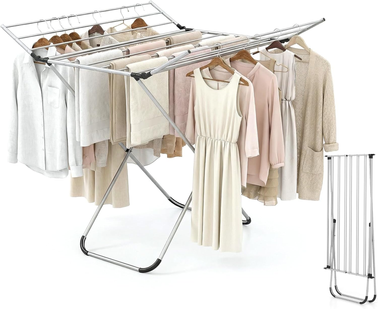 Tangkula Aluminum Clothes Drying Rack, Folding Laundry Rack with Sturdy Frame, Foldable Wings & 14 Drying Poles, Space-Saving, Freestanding Drying Rack for Indoor & Outdoor Use