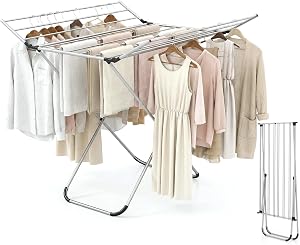 Tangkula Aluminum Clothes Drying Rack, Folding Laundry Rack with Sturdy Frame, Foldable Wings & 14 Drying Poles, Space-Saving, Freestanding Drying Rack for Indoor & Outdoor Use