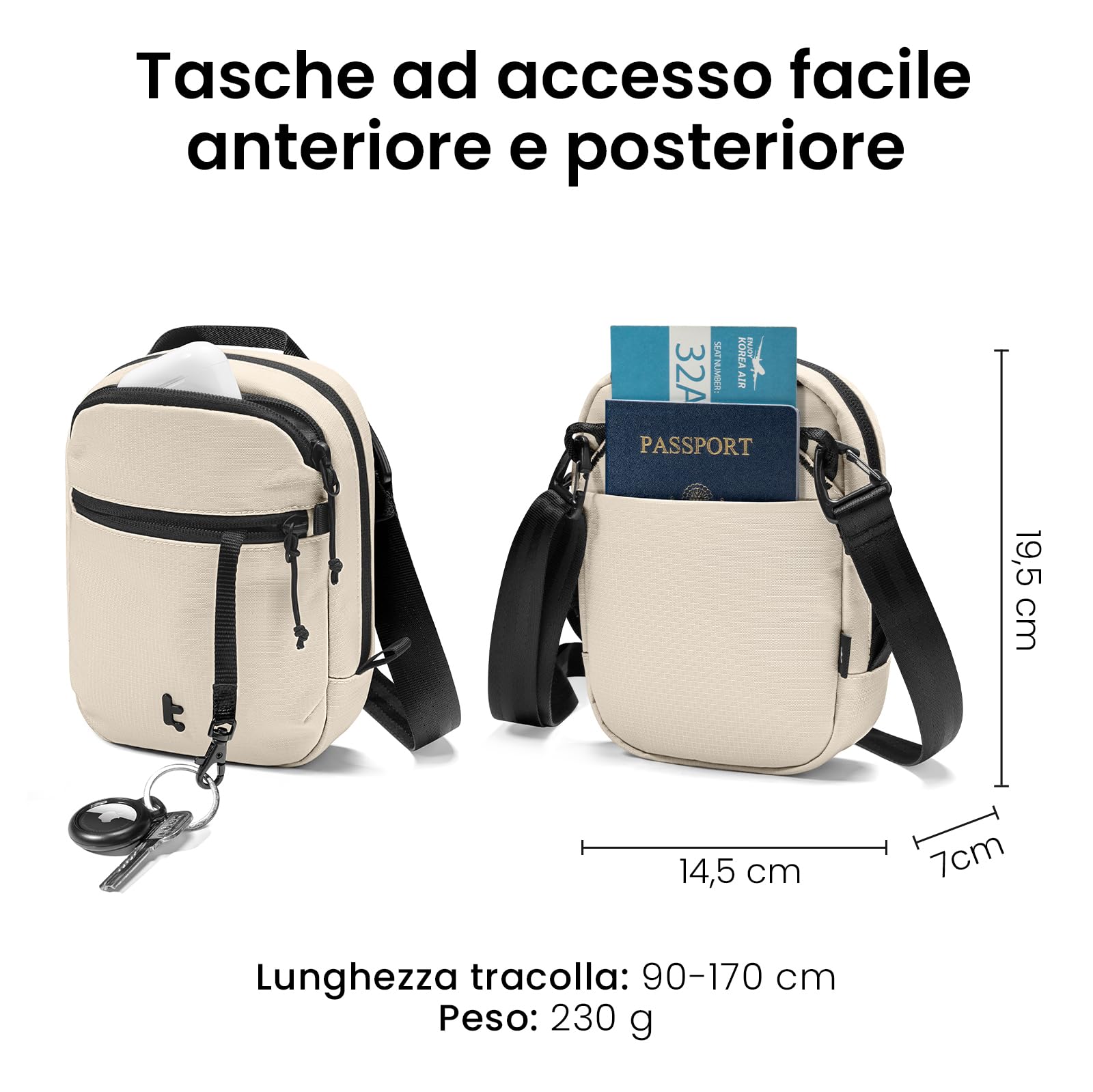 tomtoc Borsa a Tracolla Antifurto, Portadocumenti con Protezione RFID – Borsa da Viaggio Bloccabile con Zip Sicura, Contiene 4-6 Passaporti, Multi Tasche per Carte – Organizzatore per Uomini e Donne