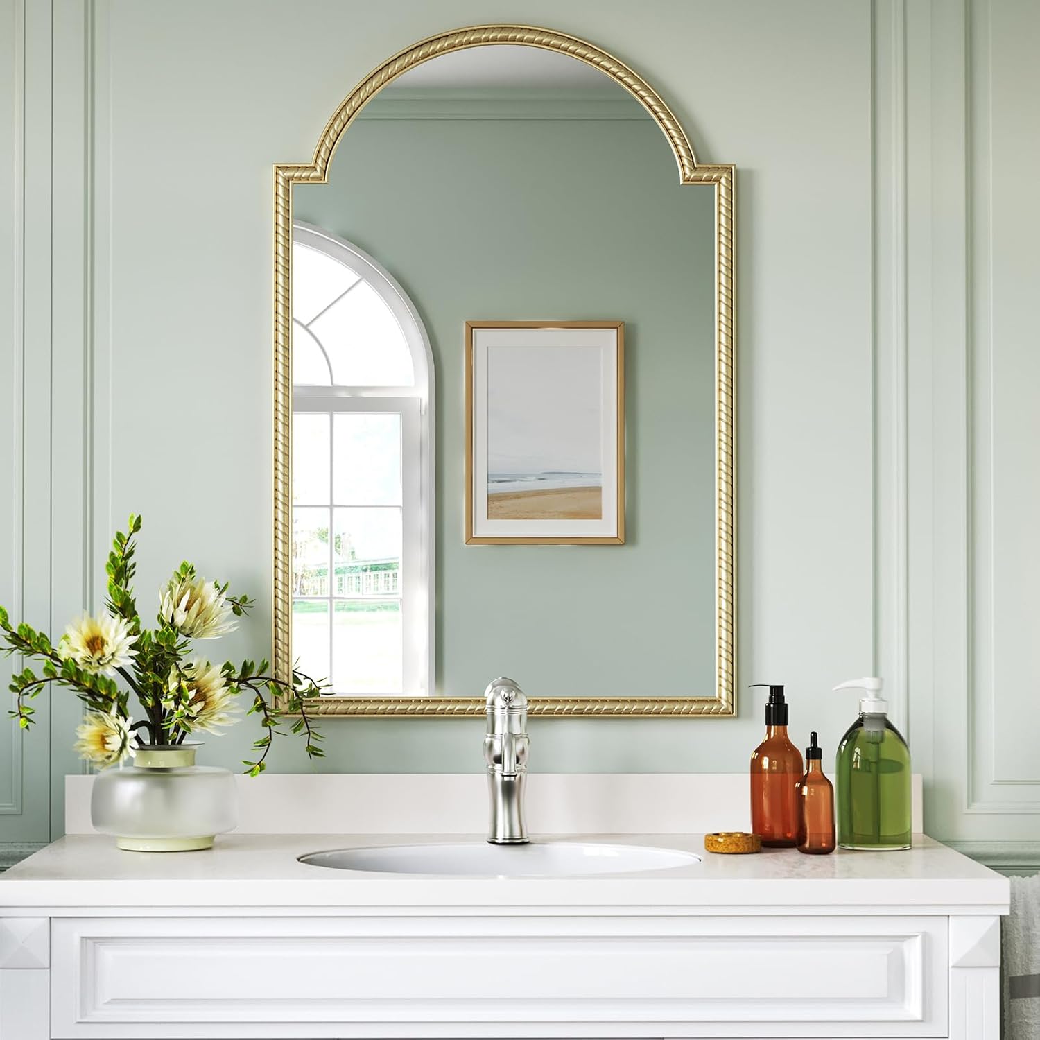36"x24" Modern Gold Arched Top Rectangular Wall Mirror - Twisted Rope Textured Metal Frame Minimalist Decor Mirror for Bathroom Vanity, Dresser, Entryway, Fireplace, Living Room, Hallway, Dining Room image 2