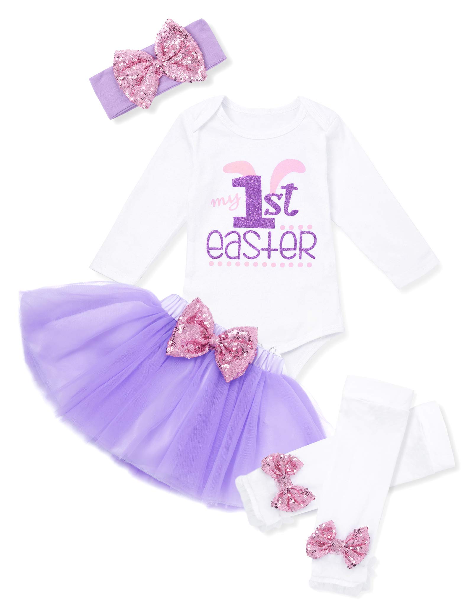 MIGUMy First Easter Baby Girl Outfit Baby Girl Easter Outfit Long Sleeve Romper With Tutu Skirt 4Pcs Baby Easter Dress…