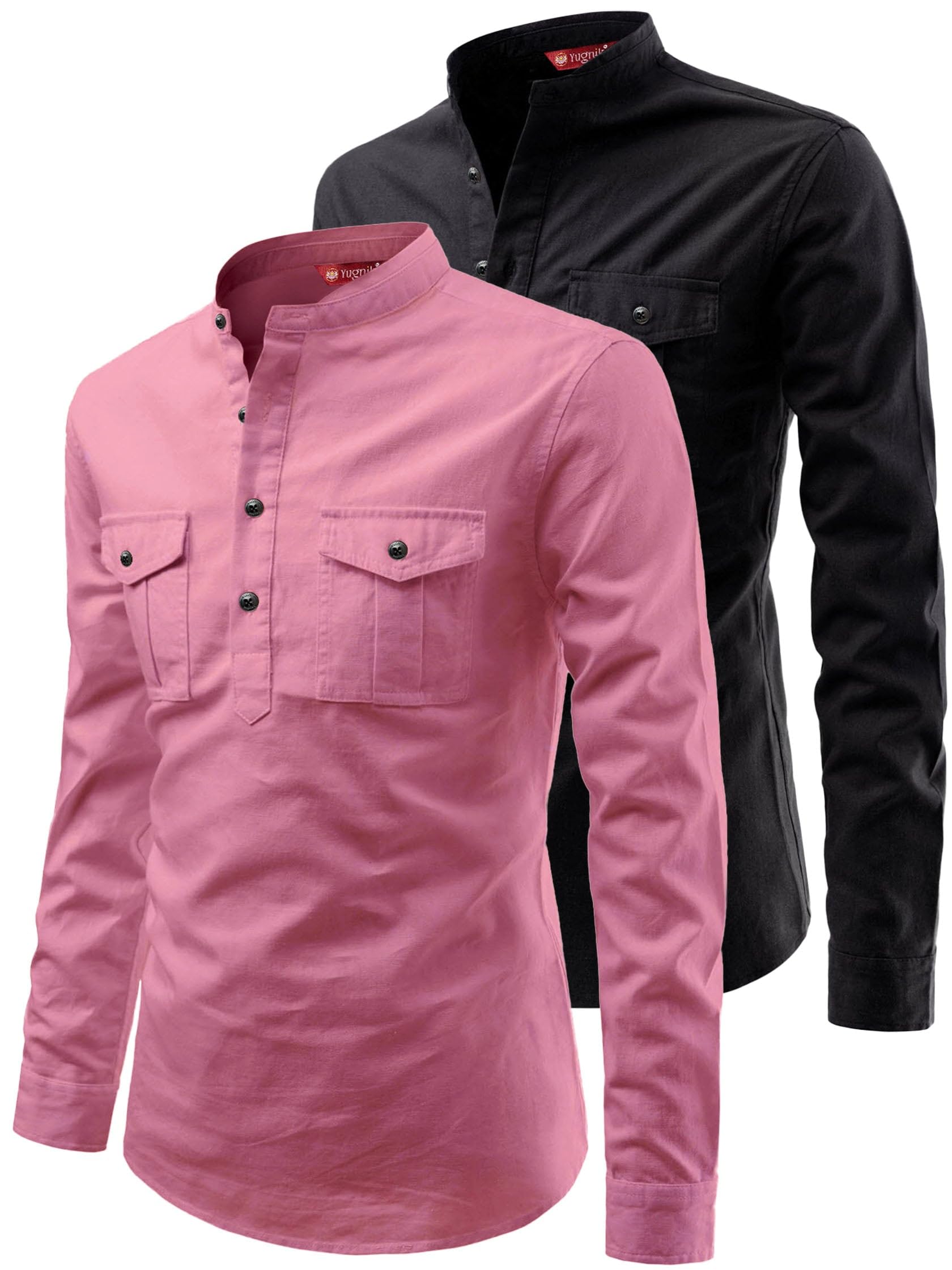 Men's Slim Fit Double Pocket Beige with Black Cotton Short Kurta Pack 2-picture-20