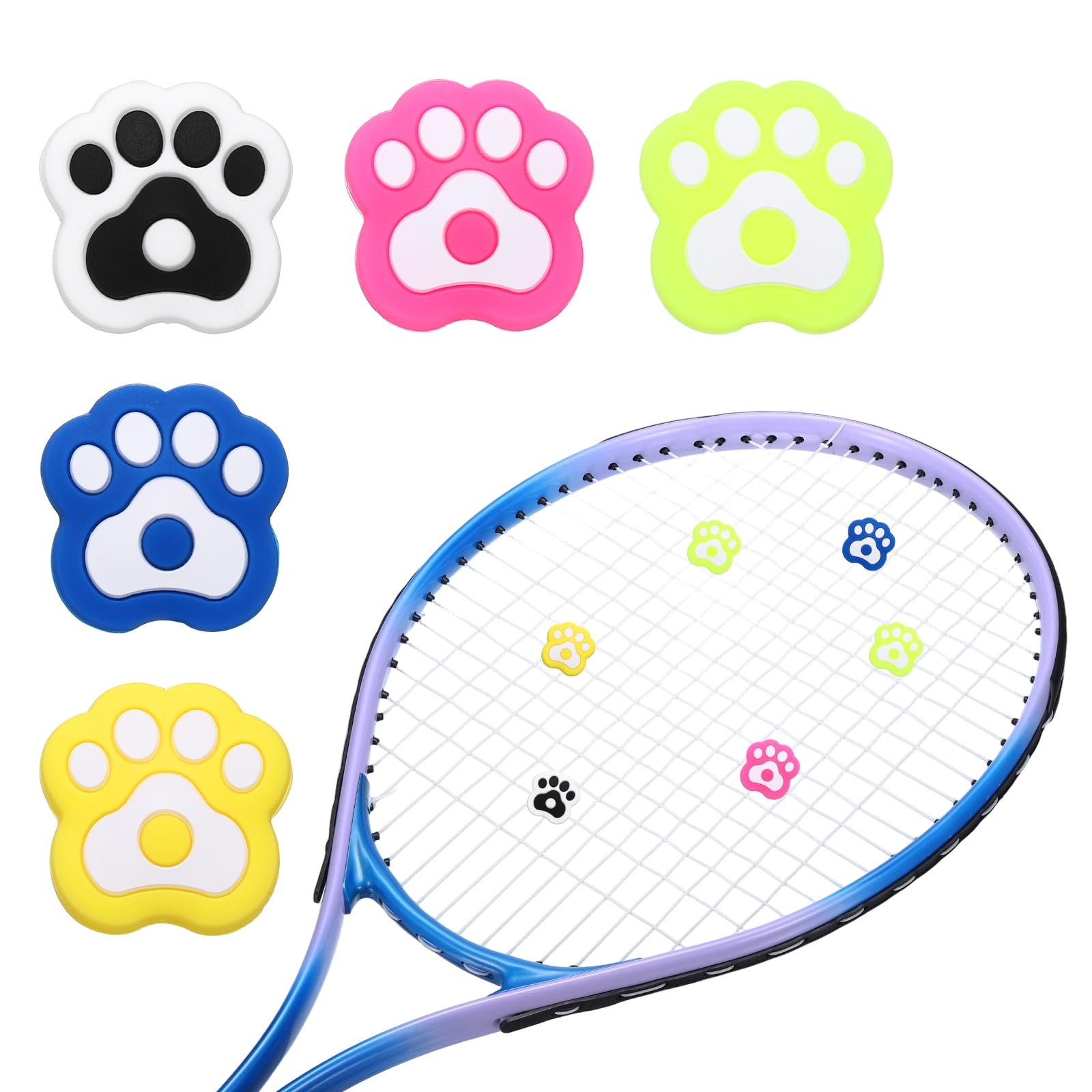 YELARXI Tennis Racket Dampener, Cute Vibration Dampener Shock Absorber Funny Tennis Soft Silicone Accessory 5Pcs & Assorted Colors Cat Paw-Fitting for (Practice/Training/Game/Match/Club)