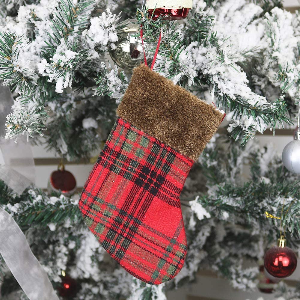 Ubersweet® Imported Small Christmas Stoc 6 Pcs Xmas Tree Stoc Ornaments Decorations 7'' Plaid Hanging Socks with Plush Cuff for Family Holiday Season Decor_129144