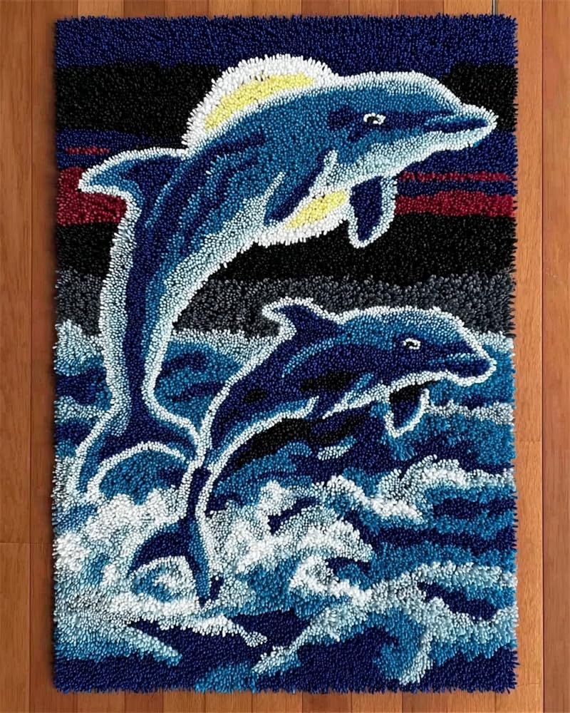 FWRTYCB Latch Hook Kits Rug Making Crafts with Colorful Pattern Printed,Dolphin 20X15Inch Large Latch Hook Rug Kit Tapestry Rug Making Kits DIY Crafts Unfinished Handmade Crochet Yarn for Adults Beg