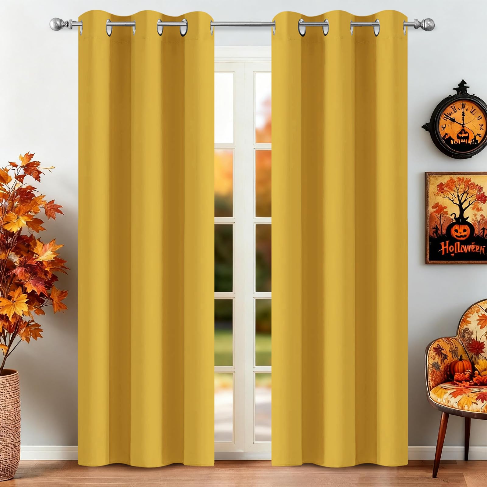 Yakamok Blackout Curtains Room Darkening Thermal Insulated Window Panels,Solid Grommet Top Drapes for Bedroom(38x84 Inch, Mustard Yellow, 2 Panels)