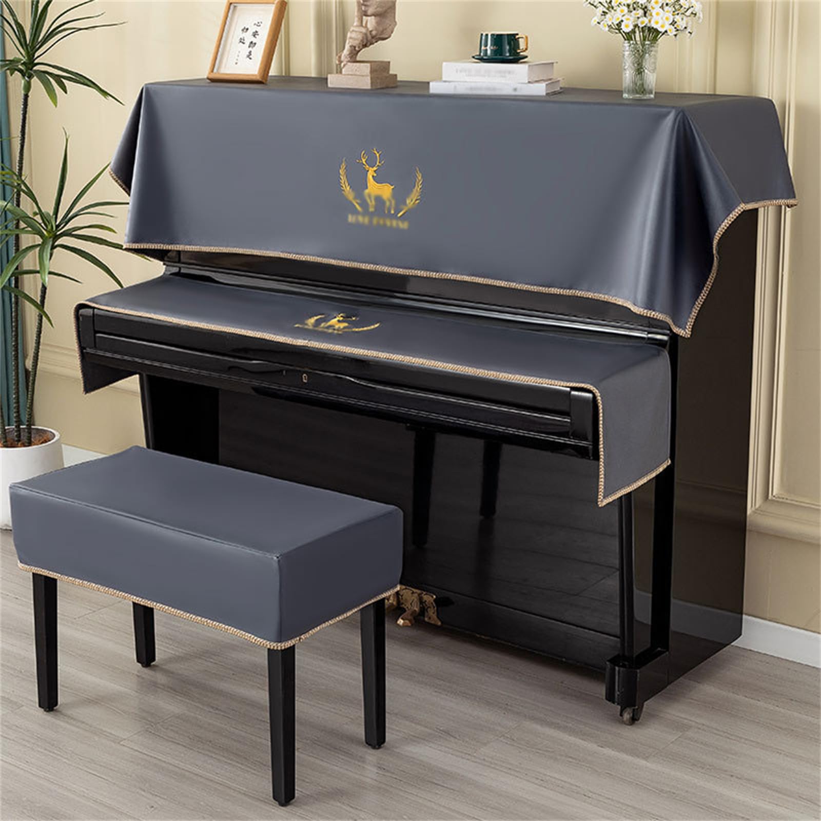 Copertura antipolvere in tessuto per tastiera del pianoforte, copertura protettiva universale per pianoforte verticale con ricamo di cervi, copertura protettiva universale per pianoforte verticale con