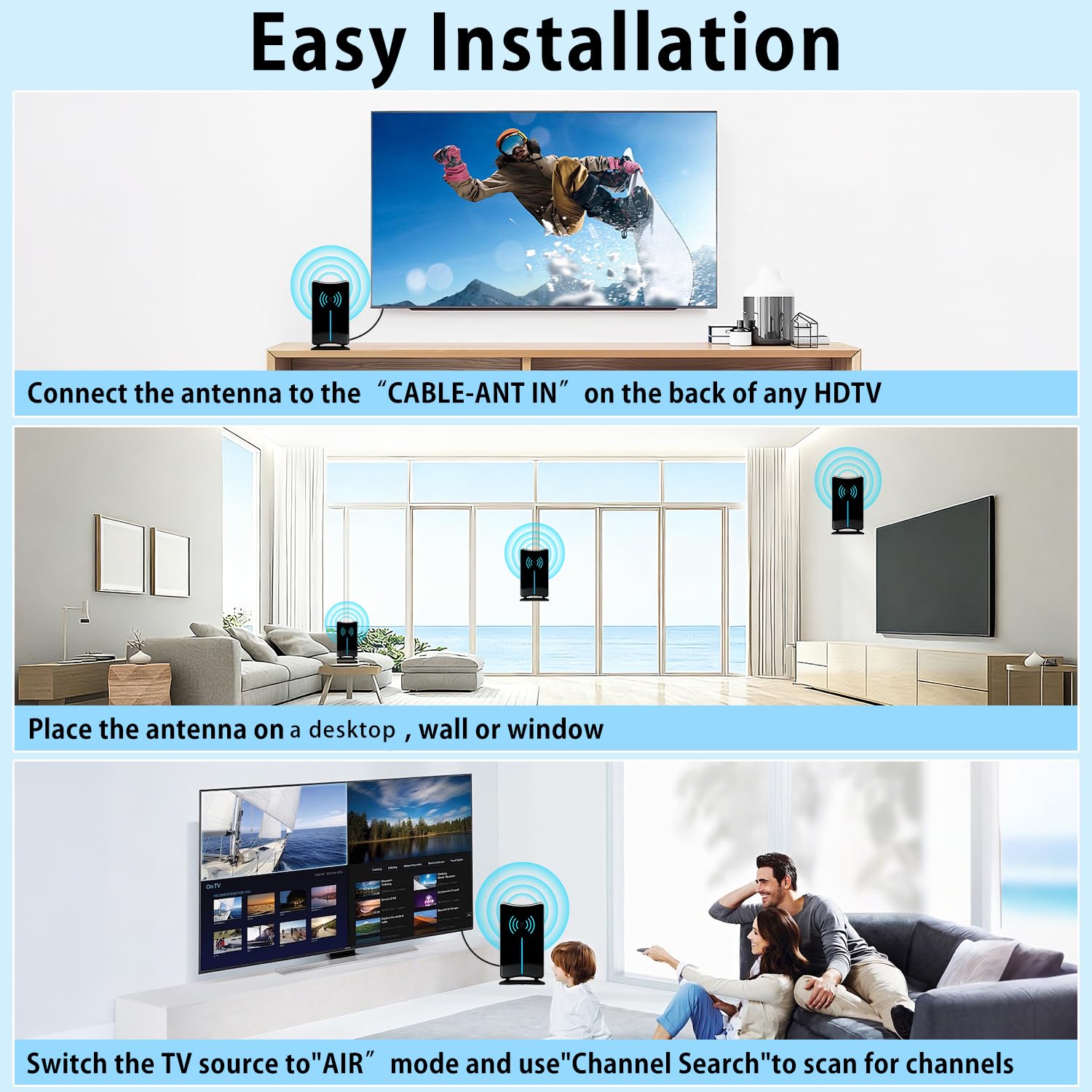 Antena interior para Smart TV, antena HDTV para todos los televisores con amplificador de señal de amplificador, compatible con 4K 1080p, antenas de fácil instalación para televisores sin cable (DT028