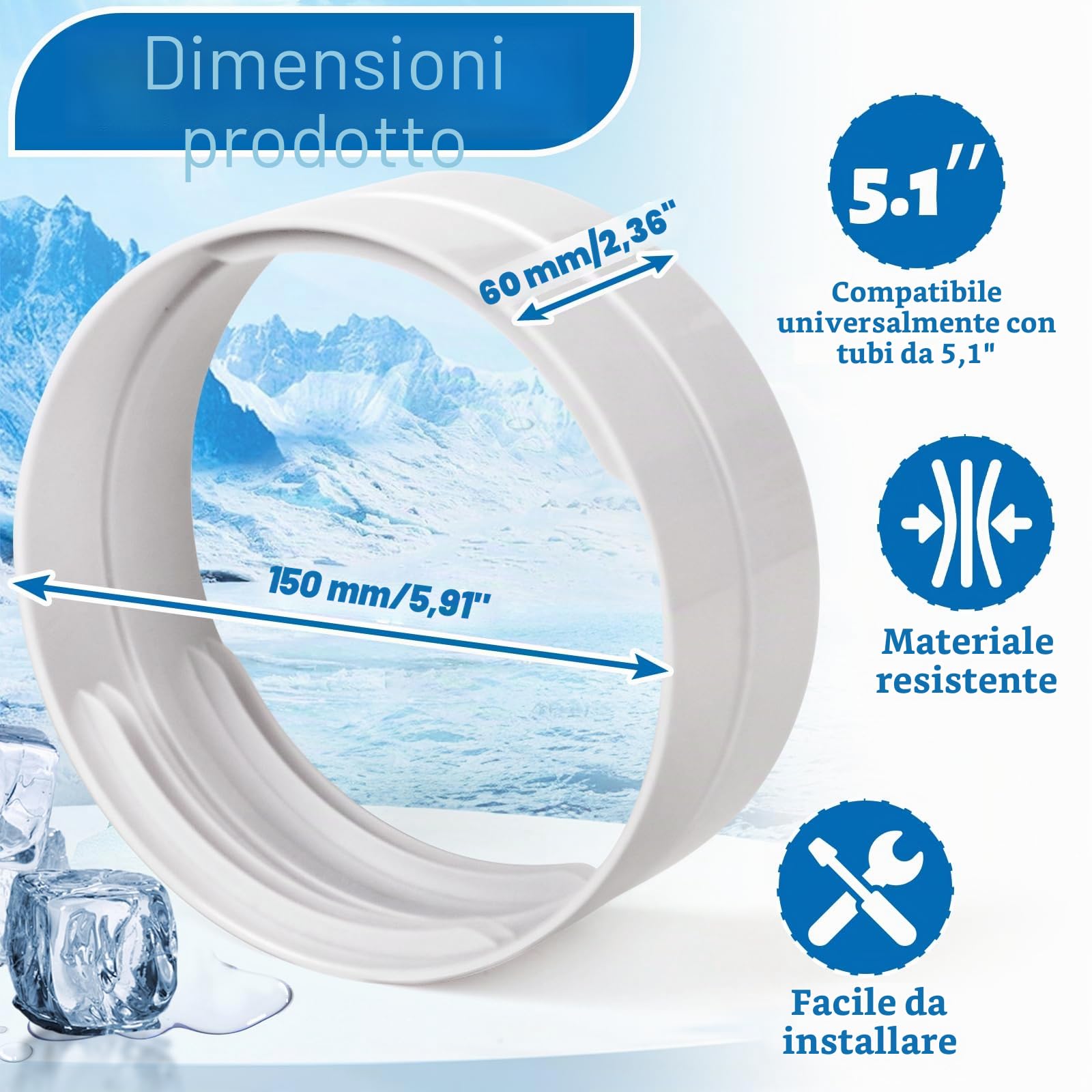 Tubo Condizionatore Portatile, Guarnizione Finestra Condizionatore, adattatore Ø 150 mm, Accoppiatore di prolunga per tubo flessibile condizionatore (150mm)