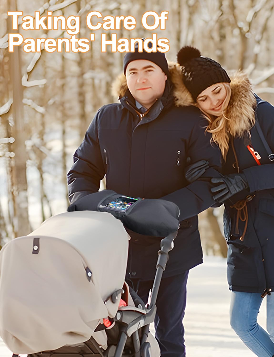 Manoplas Carro Bebe, Impermeable y Cortaviento Guantes Carro Bebe Invierno con Bolsillo para Celular, Guantes para Cochecito Bebe Forro de Felpa Para Todos los Cochecitos - Negro