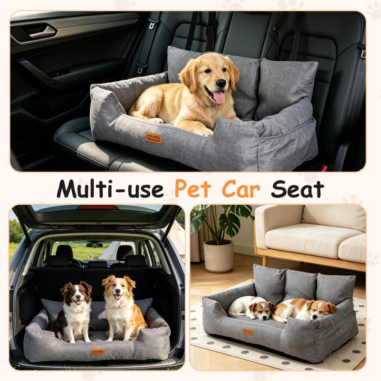 Nobleza Asiento de Coche para Perros Medianos a Grandes, Cinturón de Seguridad Estable,Bolsillos de Almacenamiento, Adecuado para Perros Medianos y Grandes, L92*W50*H40cm, Gris