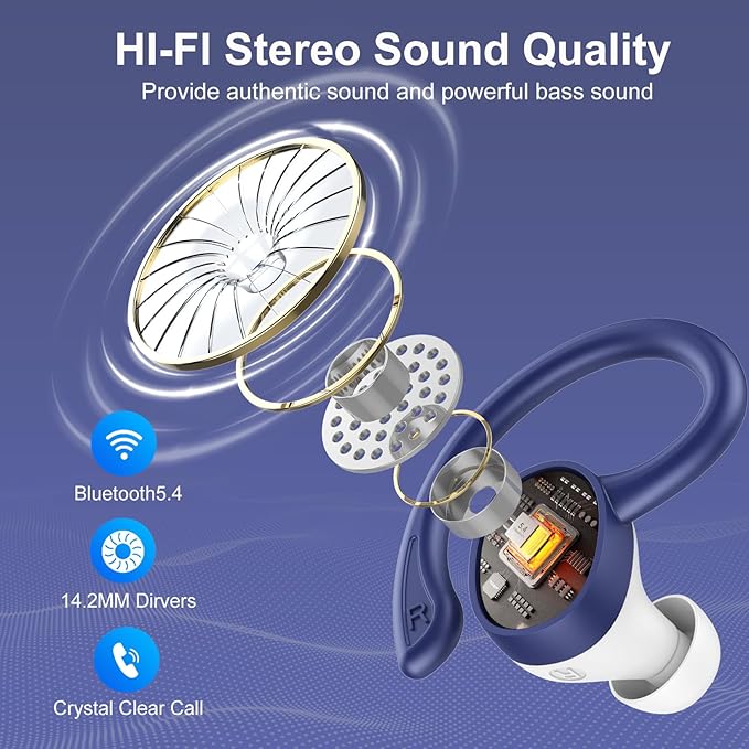 Wireless Earbuds, Bluetooth Earbuds, Bluetooth 5.4 Headphones 68hrs Playtime Sport Earphones with LED Display ENC Noise Cancelling Mic, IPX7 Waterproof Over Ear Ear Buds with Hook for Gym/Workout