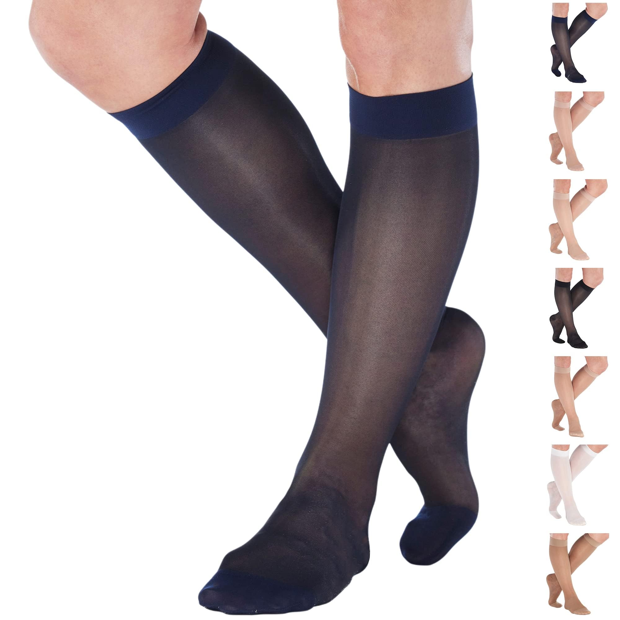 ABSOLUTE SUPPORT Sheer Travel Compression Socks 15-20mmHg, Navy, Large | Made in USA, knee high stay-up design, supports circulation, swelling &amp; leg fatigue, ideal for flights &amp; travel, ATRAVEL101