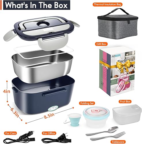Miniatura 2 de AOSION Fiambrera eléctrica con cuenco y taza portátil, calentador de alimentos de 80 W, 3 en 1, cajas de almuerzo calentadas ultra rápidas para