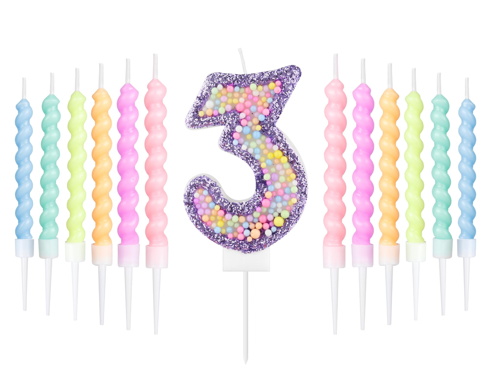 Purple Macaron 3rd Birthday Candle with 12pcs Pastel Spiral Candles Set, Girls 3rd Birthday Decorations Iridescent,Macaron Number 3 Candle for Cake,Kpop Themed Party Decoration,Baby Showers Supplies