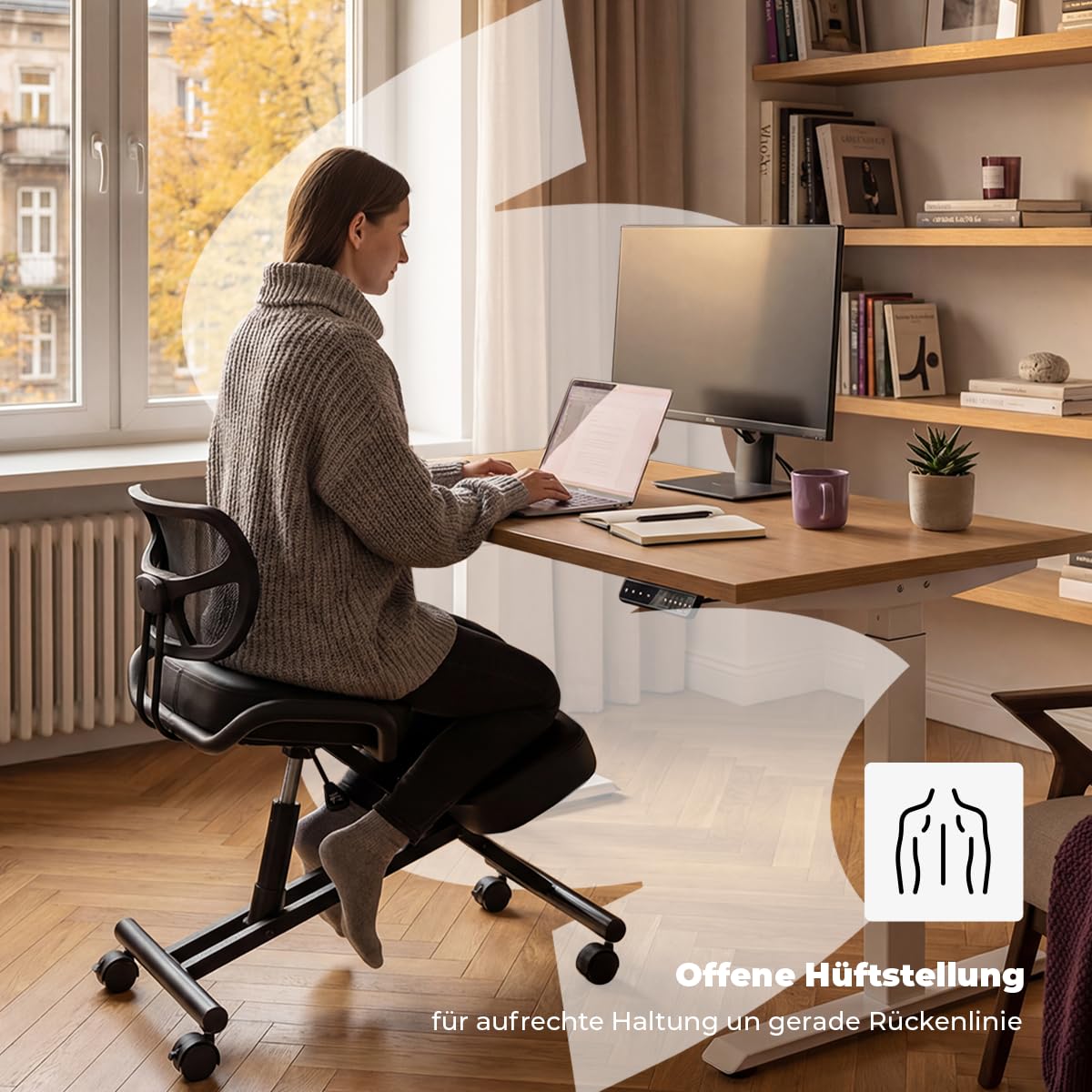 Spacetronik Kniestuhl Ergonomisch mit Rückenlehne, Kniehocker Höhenverstellbar 45–65 cm, Bürostuhl zur Korrektur der Sitzhaltung, Rollhocker für Büro & Home Office, Stahlrahmen bis 125 kg