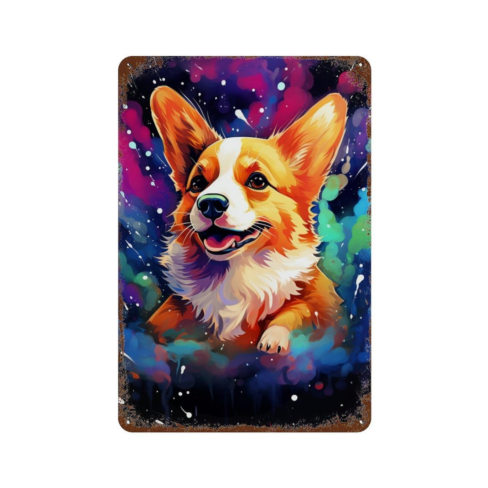 Rust Effect Colorful Corgi Art Print Aged Metal Wall Plaque 11.8"x7.9", Shabby Chic Decor for Living Room, Hallway And Home Decor