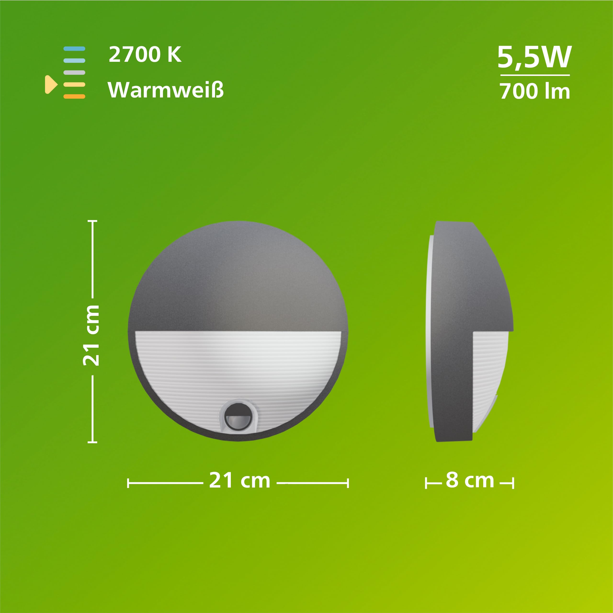 PHILIPS Capricorn Außenwandleuchte, ultra-effizient, 800 lm, 2700 K, PowerShield, IP44 wetterfest, langlebig, Aluminium, Bewegungsmelder, integrierte LED, Anthrazitgrau