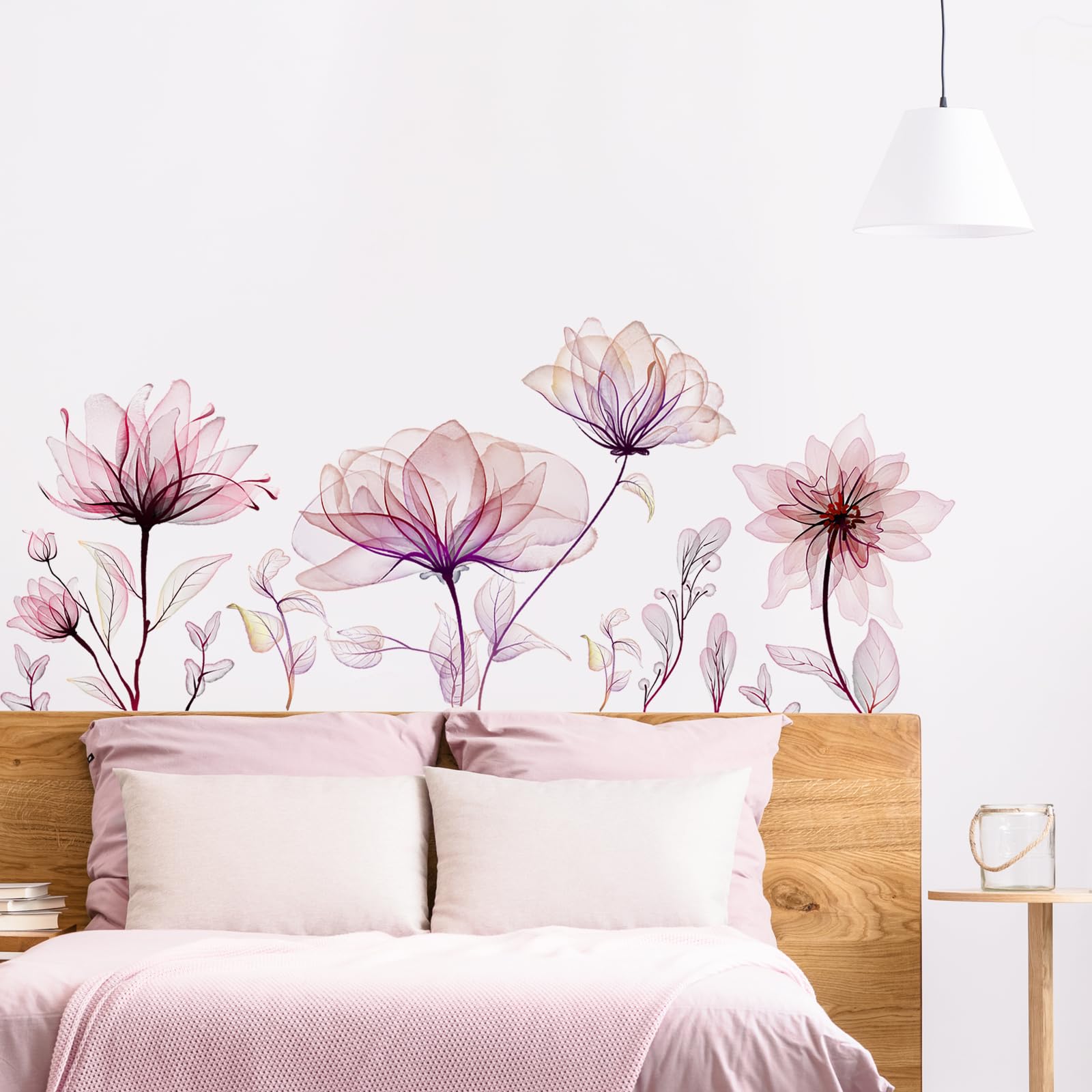 Tanlaby Large Pink Flowers Wall Stickers Watercolor Abstract X-ray Floral Wall Decals Peel and Stick Wall Art Decor for Girls Bedroom Living Room Office Sofa Background