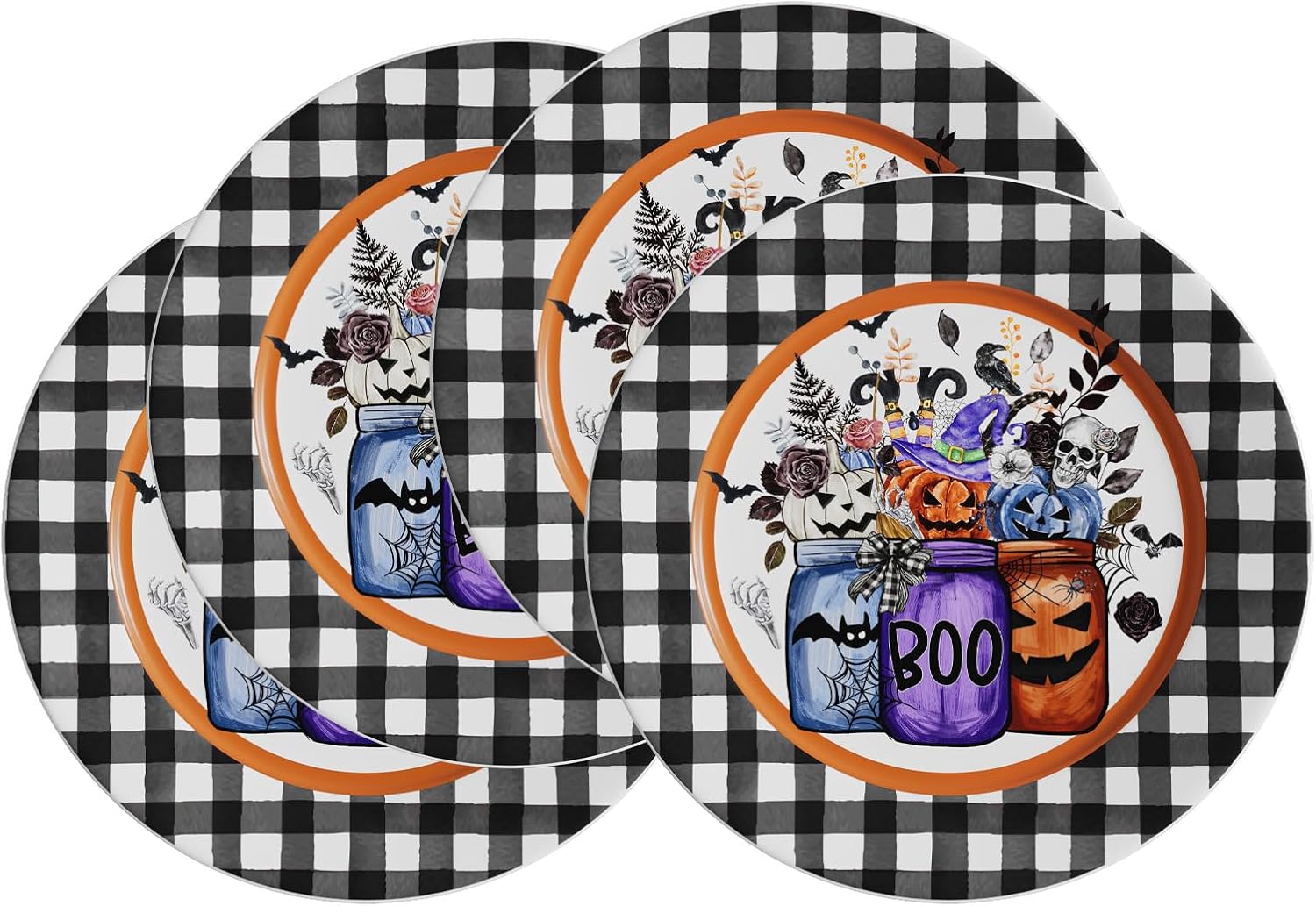VJF Halloween Ceramic Dinner Plates 10.5 Inch Set of 4 Round Boo Flowers Pumpkin Holiday Stackable Porcelain Plates Microwave & Dishwasher Safe for Holiday Party Family Feast Halloween Decor