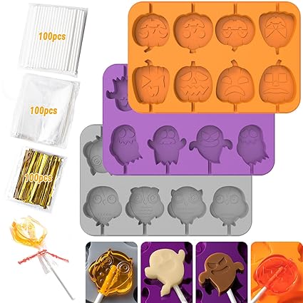 Silicone Lollipop Molds with Shape of Pumpkins|Ghosts|Owls-3Pack Halloween Candy Lollipop Moulds with 100pcs of Lollipop Sticks/Candy Treat Bags/Gold Ties,Silicone Molds for Chocolate,Candy,Flan,Jello