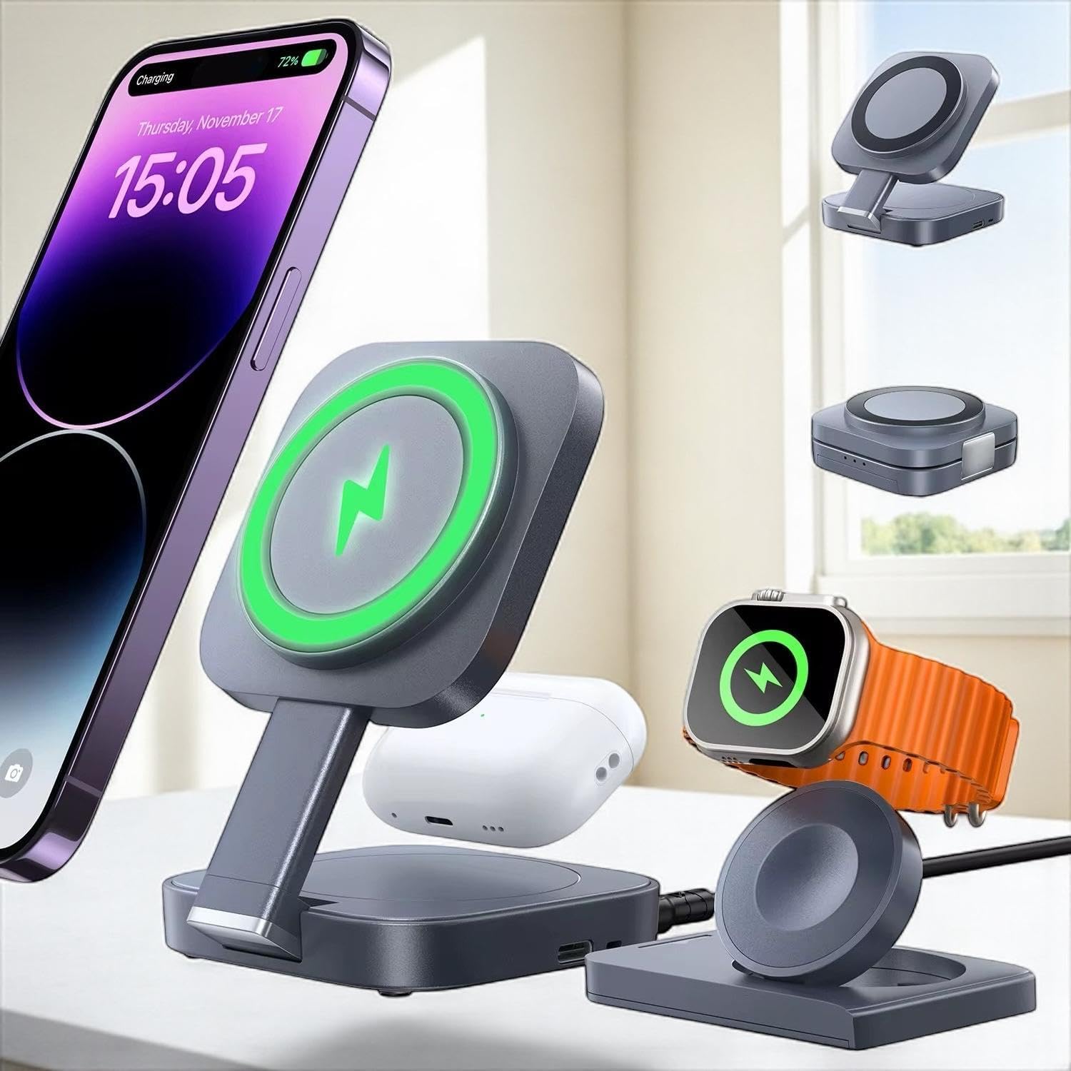 Trendwave 3 in 1 Charging Station for Apple Magsafe Charger Travel Accessories, Wireless Charger 3 in 1 for for Airpods iWatch iPhone 12-17 Pro Max Black