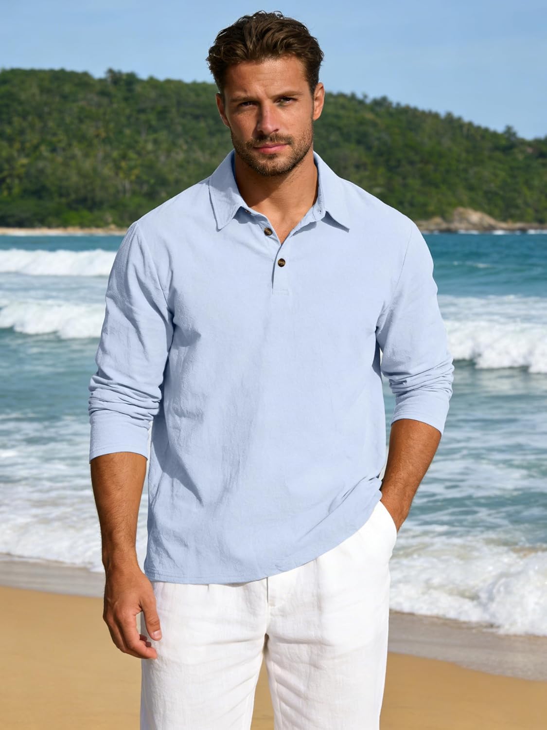 Men’s Linen Polo Shirts Long Sleeve Yoga Tops Casual Summer Hippie Beach T-Shirts - Image 2