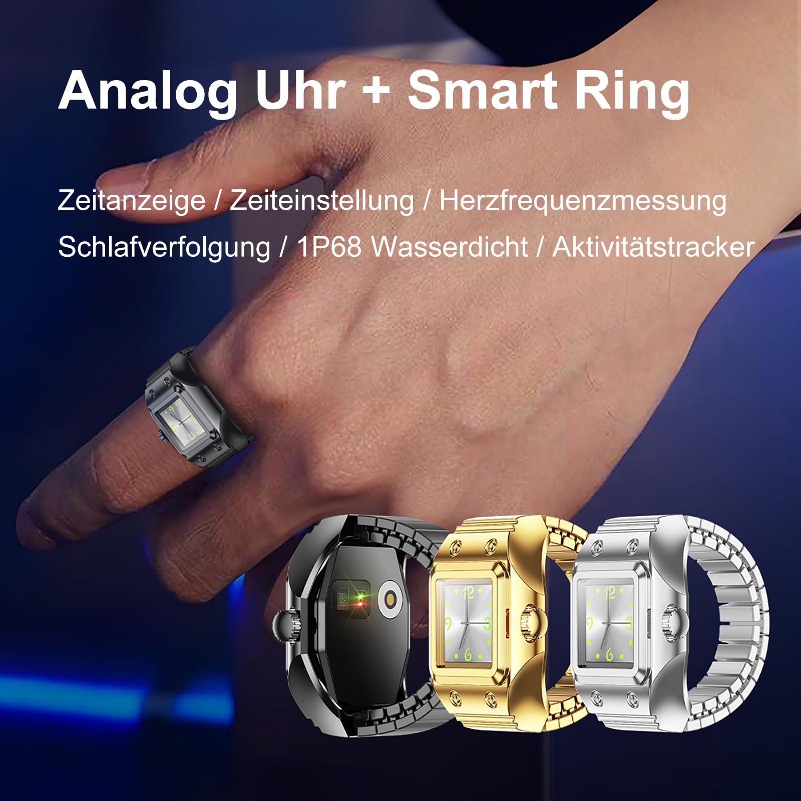 Smart Ring - Anello da uomo e da donna, analogico, al quarzo, per il fitness, per il fitness, per il fitness, per la frequenza cardiaca, contapassi, per il sonno, per il fitness, elastico, in metallo