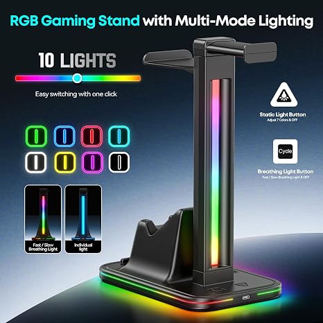 Kytok 4-in-1 Headset and Controller Stand for Desk, 360 Rotating Headphone Stand with Phone Holder, 10 RGB Modes for Accesorios de Mesa Gamer, P5/SW/Xbx Levitating Gaming Headset and Controller Stand