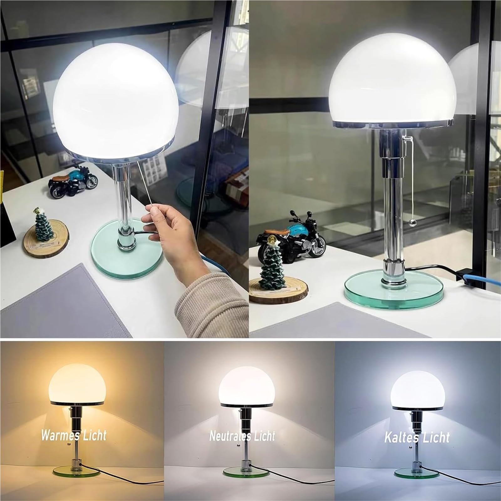 NVKE Moderne Nordische LED-Tischlampe, Wagenfeld lamp, Schreibtisch-Leselampe, Schlafzimmer-Nachttischlampe, Glas-Bauhaus-Tischlampe Pilzlampen Tischlampe mit 3 Helligkeitsmodi Wohnzimmer Restaurants