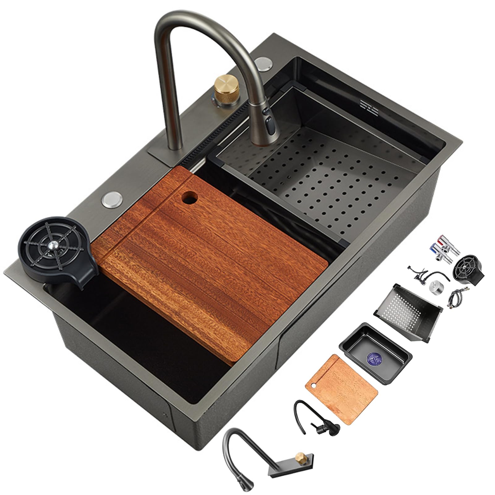 ZQFHSX Kitchen Sink, With Rainbow Waterfall Faucet And Cup Washer Bar Stainless Steel Farmhouse Workstation Sink Kit, Easy To Clean (Size : 75x46cm)