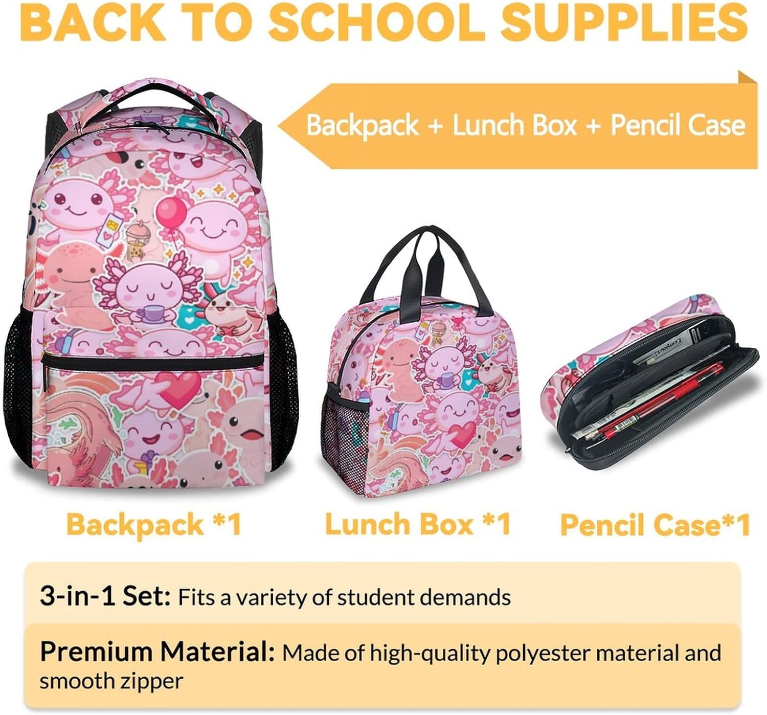 Axolotl Backpack with Lunch Box And Pencil Case, Set of 3 Cute Bookbag for Girls Boys, Lightweight Large Capacity School Bag with Adjustable Straps