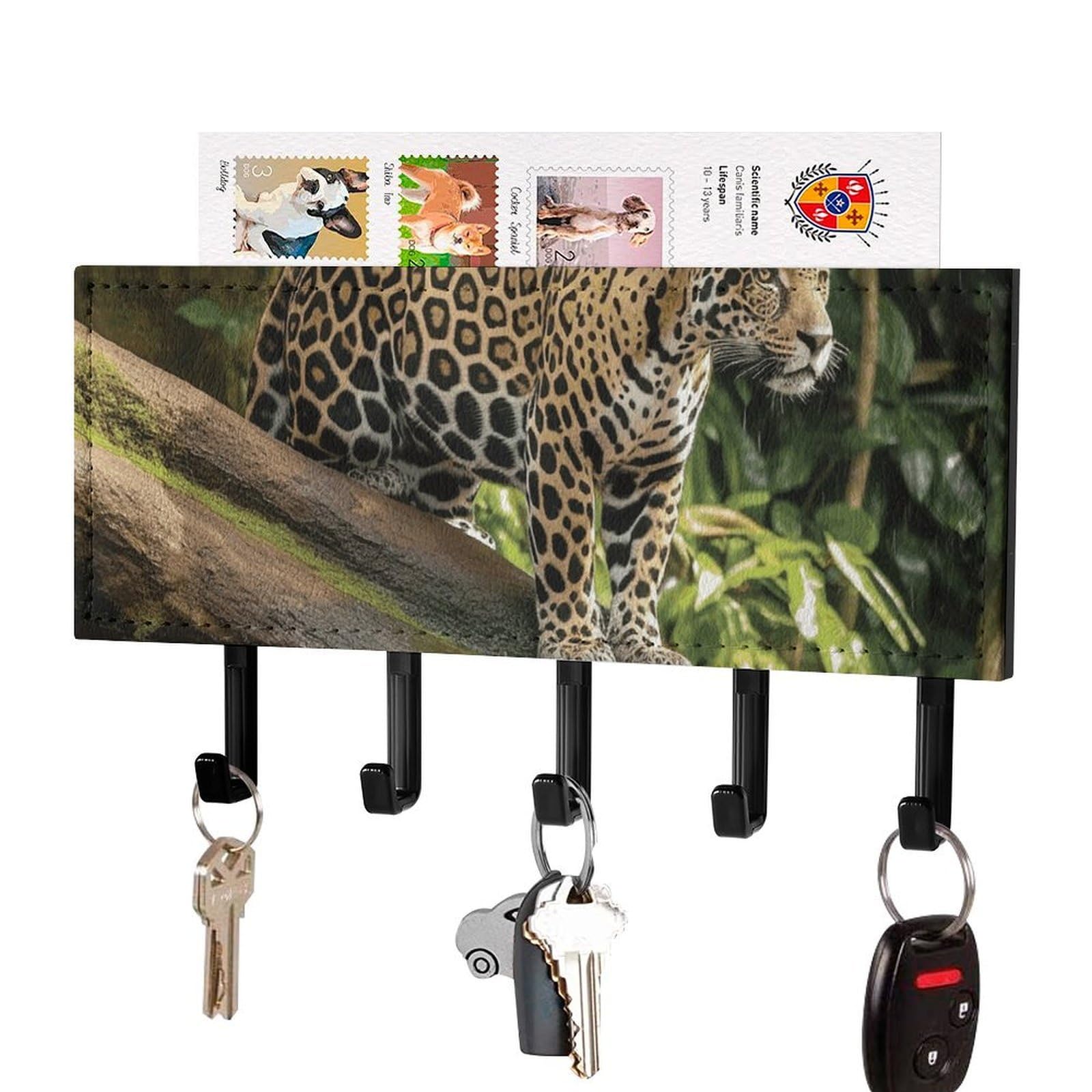 Vstadank Black-Style Jaguar Cat On Tree Trunk Waterfall Key Holder For Wall Decorative Mail Organizer Exquisite Coat Rack Pu Wall Mount Adhesive Keys Rack With Tray&5 Key Hook For Door Hallway Entryway Decor