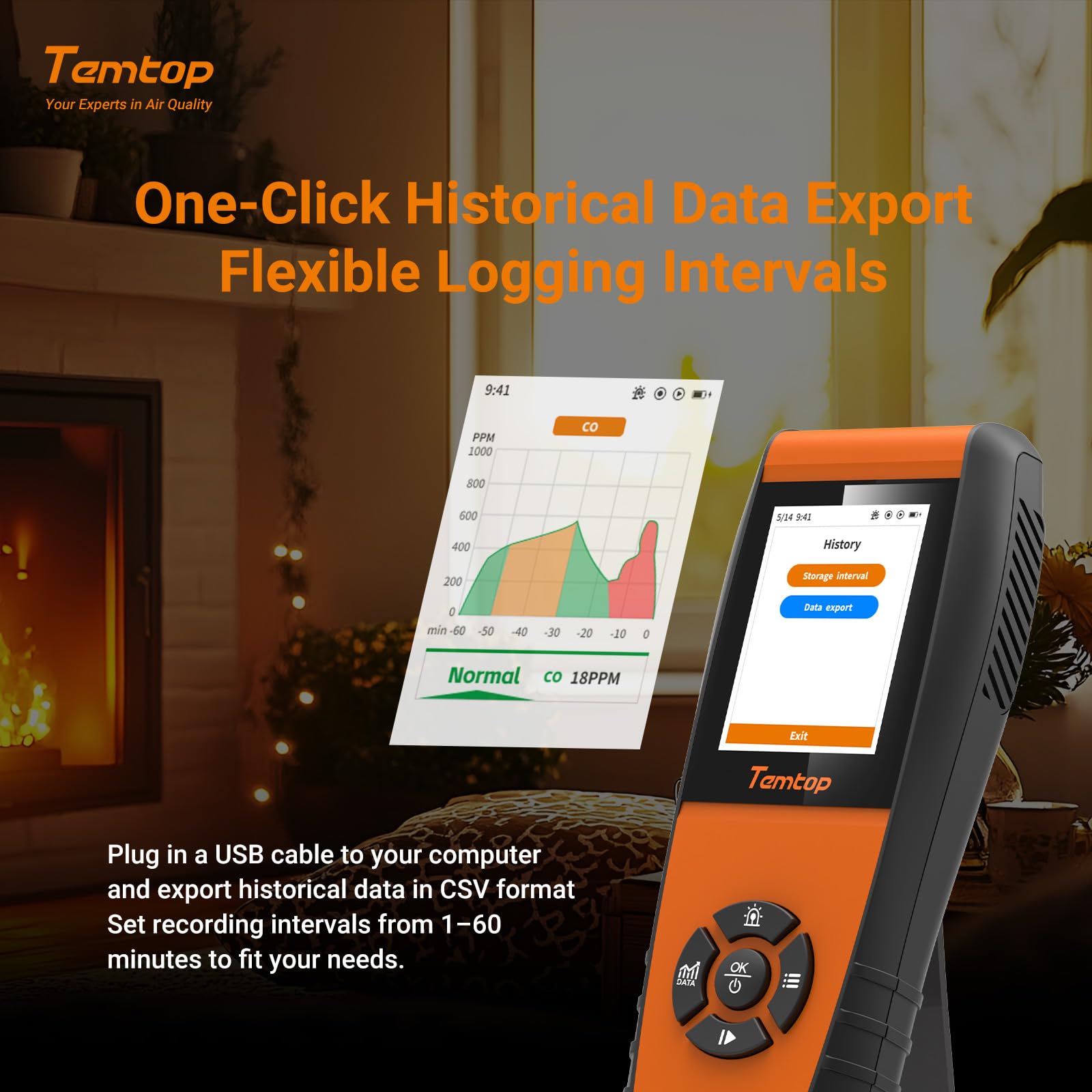 Temtop LKC-1000C Portable C-O-Detektor mit Temperatur- und Feuchtigkeitsanzeige, Messbereich 0–1000 ppm, TFT-Farbdisplay, individuelle Alarme für zu Hause/Garage/Sicherheitsüberwachung