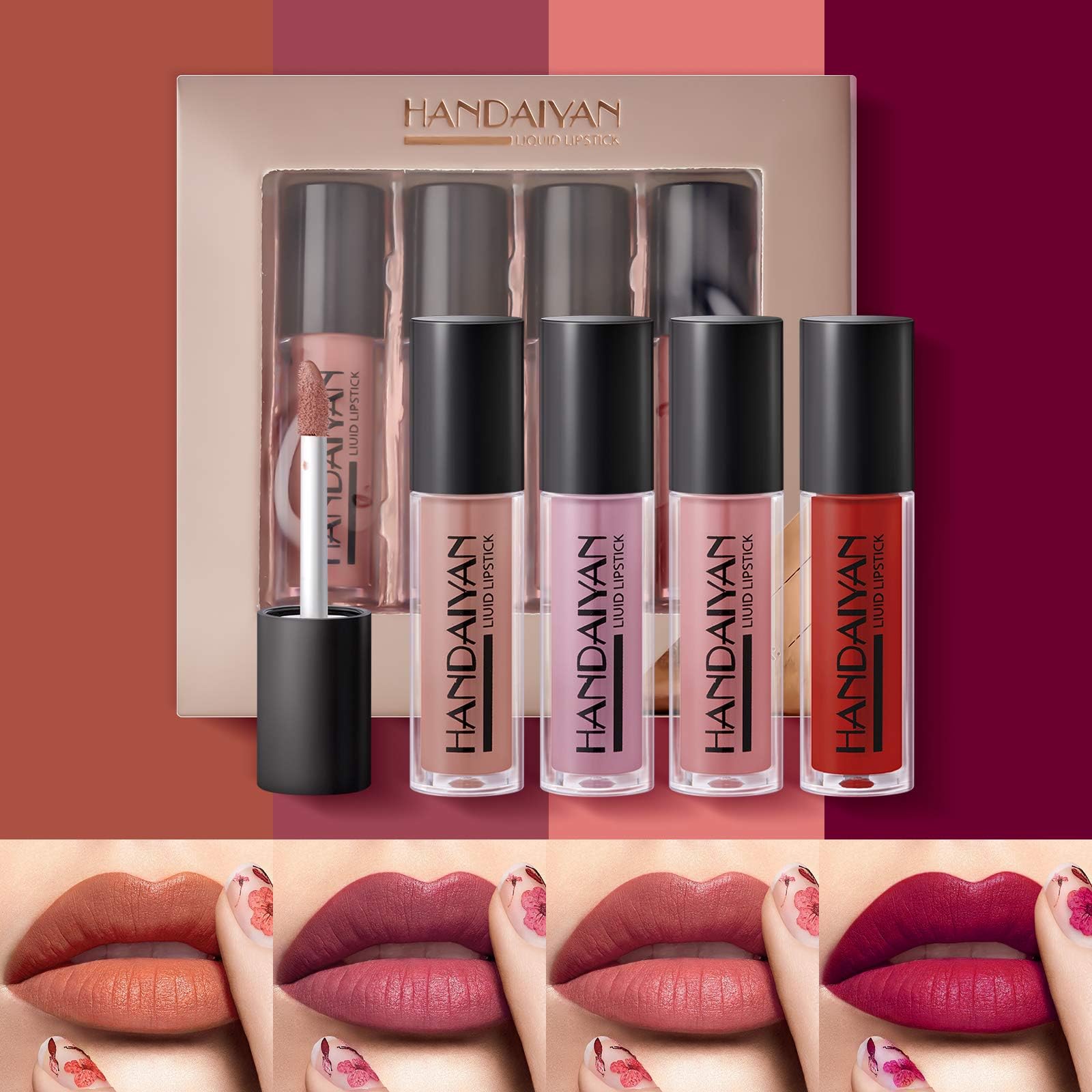 Mimore4 Pcs Moist Lipsticks Liquid Lipstick Set Waterproof Long Lasting Lip Gloss Kit Smoothing Non-stick Cup Sexy Colors Lip Glaze with Gift Box (Moist)