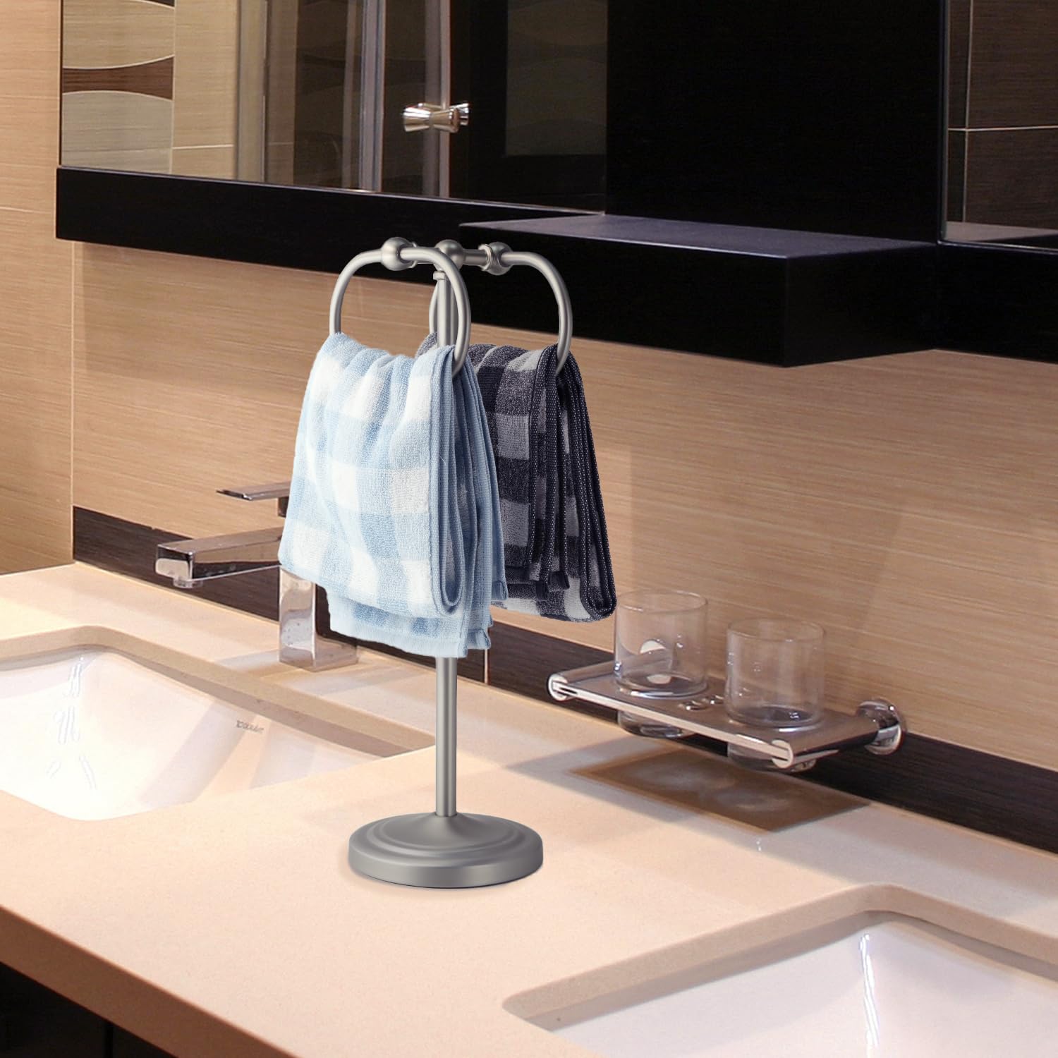 Celbon 17''(44cm) Free Standing Towel Ring Holder Stainless Steel Bathroom Towel Rack with Double Ring Holder Floor Hand Towel Holder Storage for Bathroom Kitchen Vanity Countertops (Brushed Nickel)