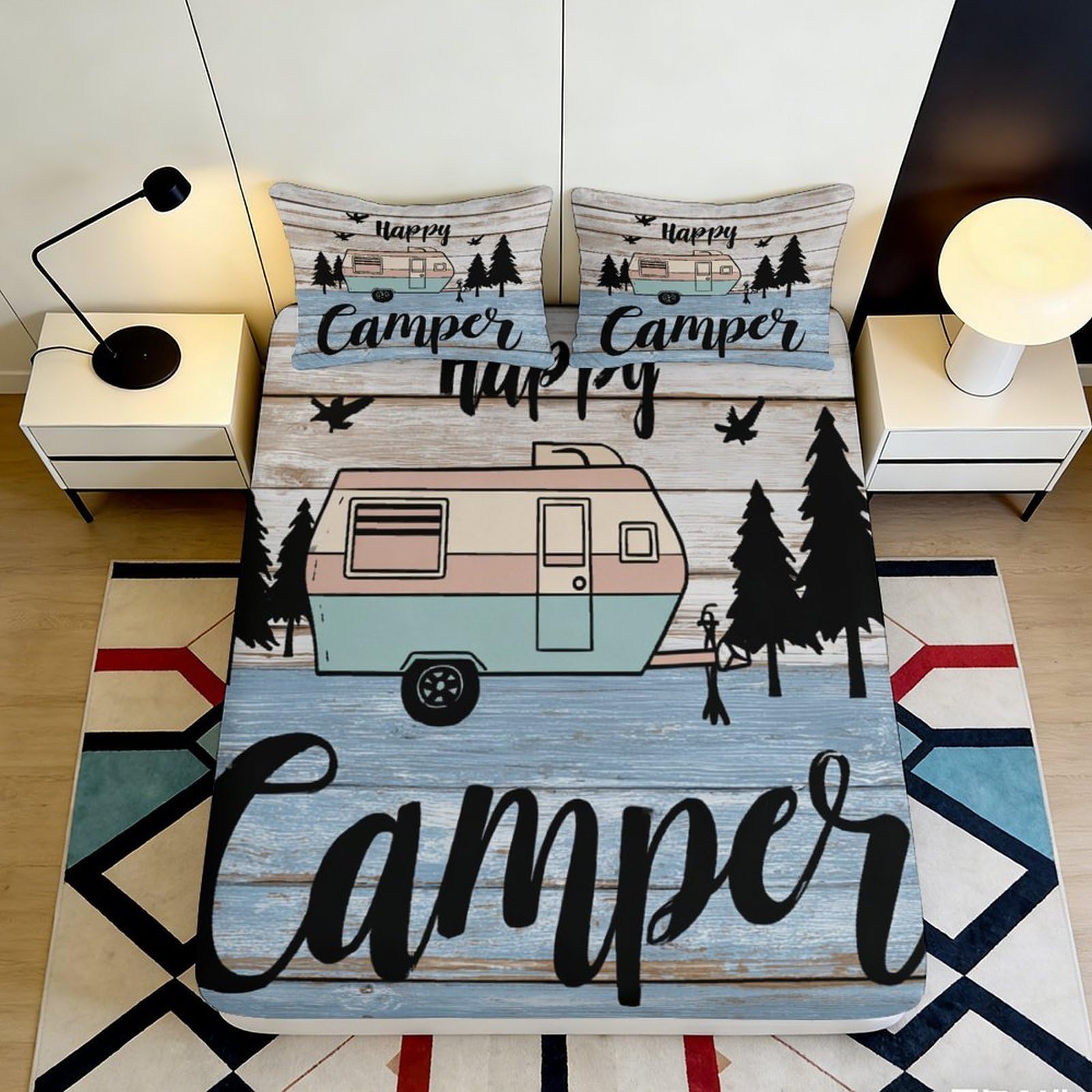 3D Printed Happy Camper Fitted Sheet Microfiber Forest Caravan Bed Cover Anti-Slip Washable Bedroom Decor for Adults Teens 120x200x25cm